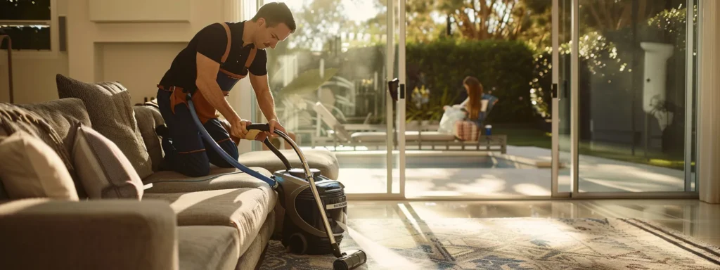 a professional carpet cleaning technician meticulously operates a modern bissell cleaning machine inside a well-lit, stylish living room, showcasing the pristine results of carpet care on the sunshine coast.