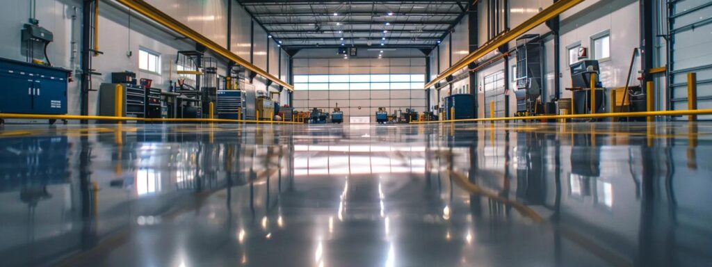 a highly polished, industrial-grade floor glistens under bright overhead lights in a modern, spacious workshop, showcasing the meticulous strip and seal flooring process with vibrant, freshly applied sealant along the edges.