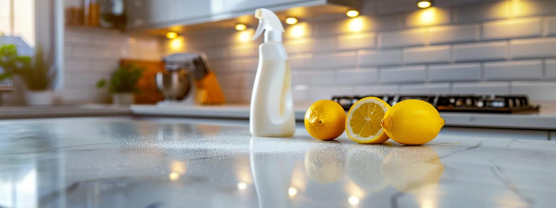 a modern kitchen with gleaming, freshly cleaned tiles showcases an array of diy cleaning ingredients like baking soda, vinegar, and lemon juice elegantly arranged on a sleek countertop, illuminated by warm overhead lighting that highlights the sparkling surfaces. a modern kitchen with gleaming, freshly cleaned tiles showcases an array of diy cleaning ingredients like baking soda, vinegar, and lemon juice elegantly arranged on a sleek countertop, illuminated by warm overhead lighting that highlights the sparkling surfaces.