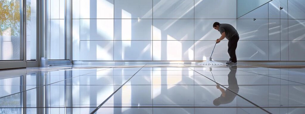 a modern, well-lit bathroom featuring pristine white tile walls and a gleaming floor, showcasing a focused individual using a specialized grout cleaning tool with vibrant cleaning solution, highlighting the contrast between the clean and dirty grout lines.