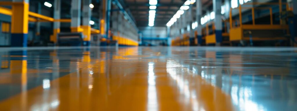 a polished indoor flooring surface gleams under bright, artificial lights, showcasing the meticulous strip and seal process with vibrant reflections highlighting its smooth texture in an industrial workspace.