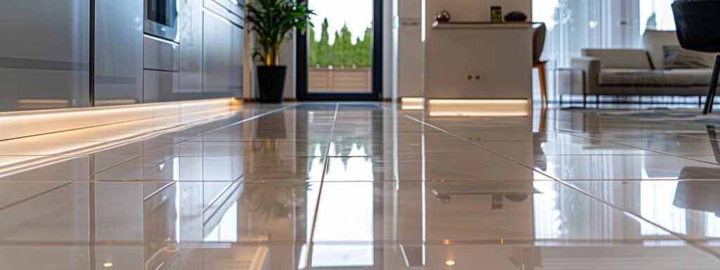 a polished, modern kitchen showcasing sparkling clean tile floors, illuminated by bright, professional lighting to highlight the dramatic difference between freshly cleaned grout and dull, dirty surfaces, emphasizing the need for expert tile and grout cleaning.