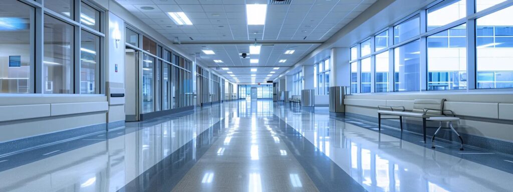 a pristine medical center interior showcases gleaming, sanitized surfaces under bright, fluorescent lights, emphasizing a commitment to health and cleanliness in a modern healthcare environment.