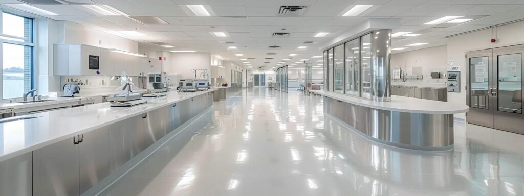 a pristine, sterile medical facility interior showcases gleaming countertops and precisely arranged medical equipment, emphasizing the meticulous cleaning standards essential for patient care and administrative efficiency.