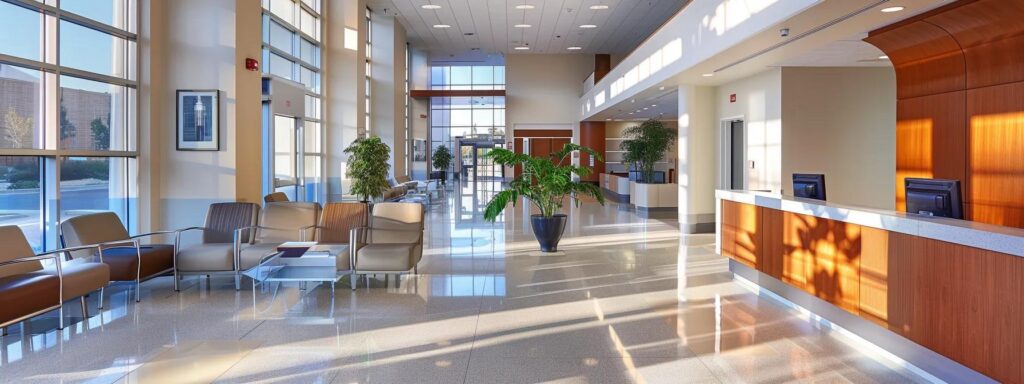 a pristine, well-organized medical center reception area is highlighted, featuring sleek, modern furnishings and advanced sanitization equipment, conveying a strong commitment to hygiene and patient safety.