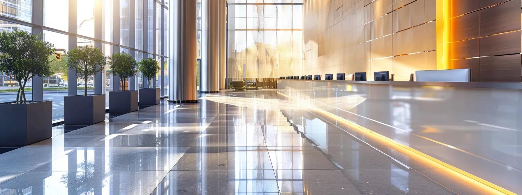 a sleek, modern commercial property interior showcasing pristine high-value surfaces being carefully cleaned by professionals, highlighting the transformation and enhanced ambiance through specialized cleaning techniques. a sleek, modern commercial property interior showcasing pristine high-value surfaces being carefully cleaned by professionals, highlighting the transformation and enhanced ambiance through specialized cleaning techniques.