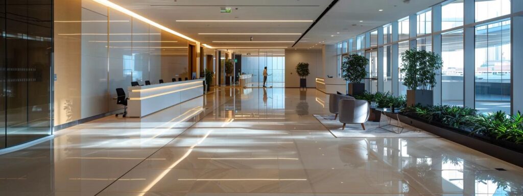 a sleek, modern office space showcases a team of professional strata cleaners utilizing advanced equipment to efficiently clean a high-rise lobby, illustrating their expertise and the high standards of cleanliness they deliver.