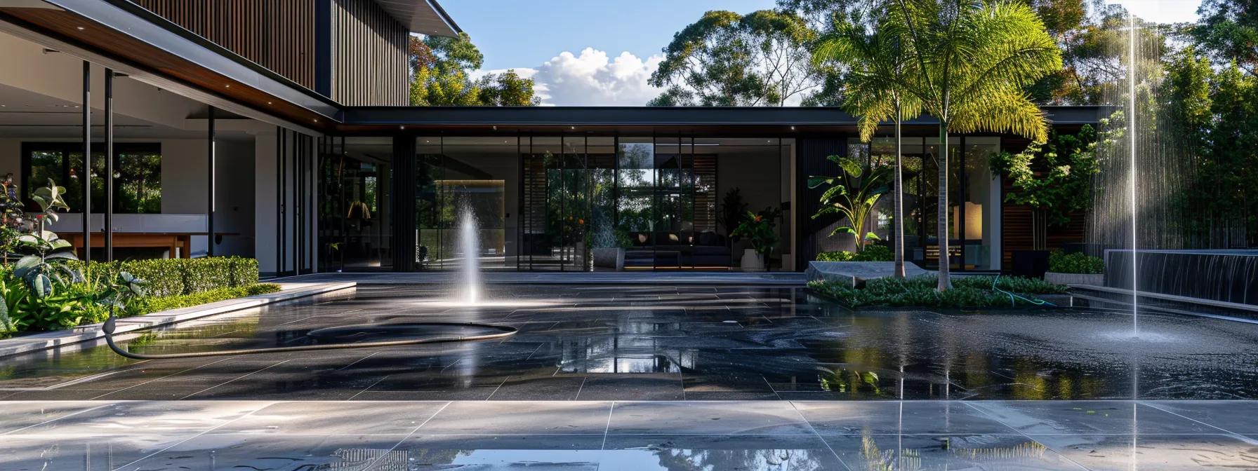 a sleek, modern outdoor workspace showcases a professional pressure washing technician in action, equipped with high-end machinery and a vibrant, freshly cleaned driveway, emphasizing the value and expertise of professional cleaning services on the sunshine coast. a sleek, modern outdoor workspace showcases a professional pressure washing technician in action, equipped with high-end machinery and a vibrant, freshly cleaned driveway, emphasizing the value and expertise of professional cleaning services on the sunshine coast.