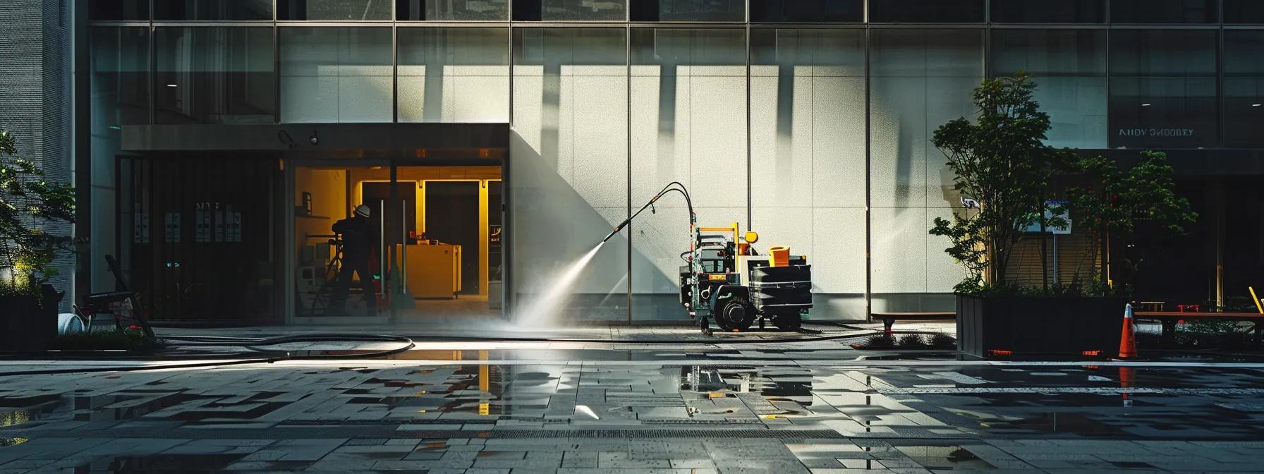 a sleek, modern pressure washing setup in a polished urban environment, showcasing advanced technology and highly trained professionals meticulously cleaning a commercial facade, emphasizing efficiency and safety. a sleek, modern pressure washing setup in a polished urban environment, showcasing advanced technology and highly trained professionals meticulously cleaning a commercial facade, emphasizing efficiency and safety.