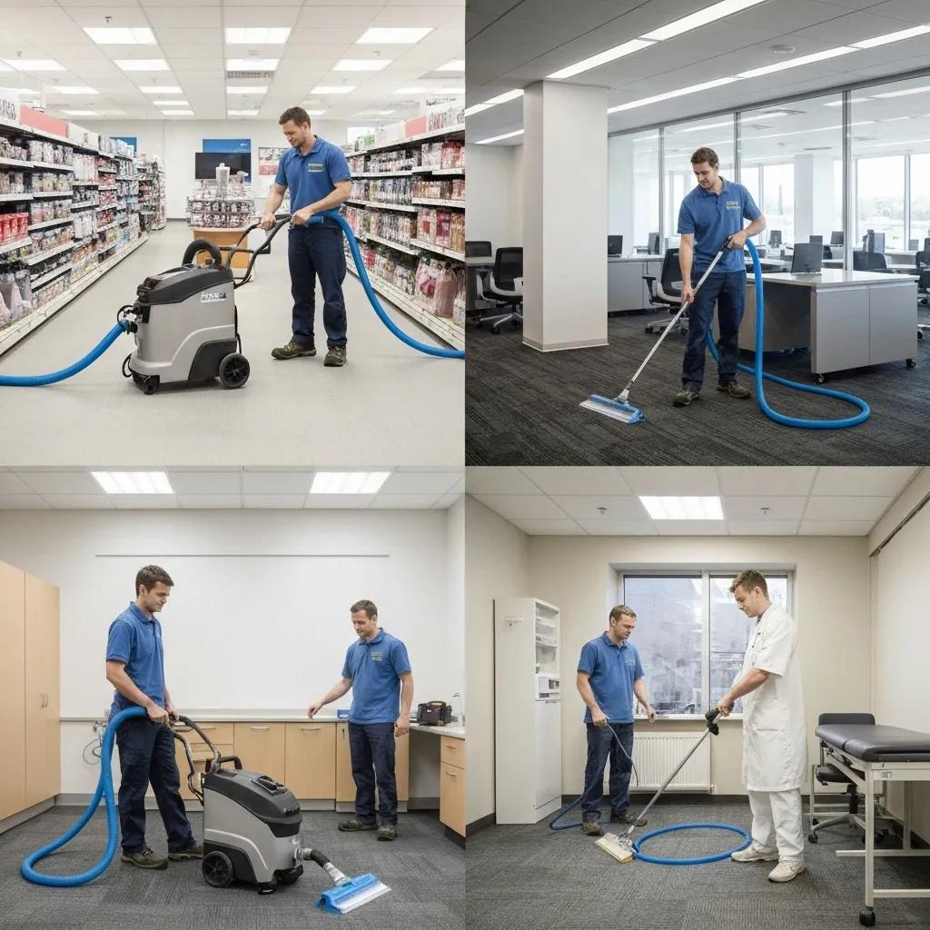 Various commercial carpet cleaning methods being demonstrated in different business settings