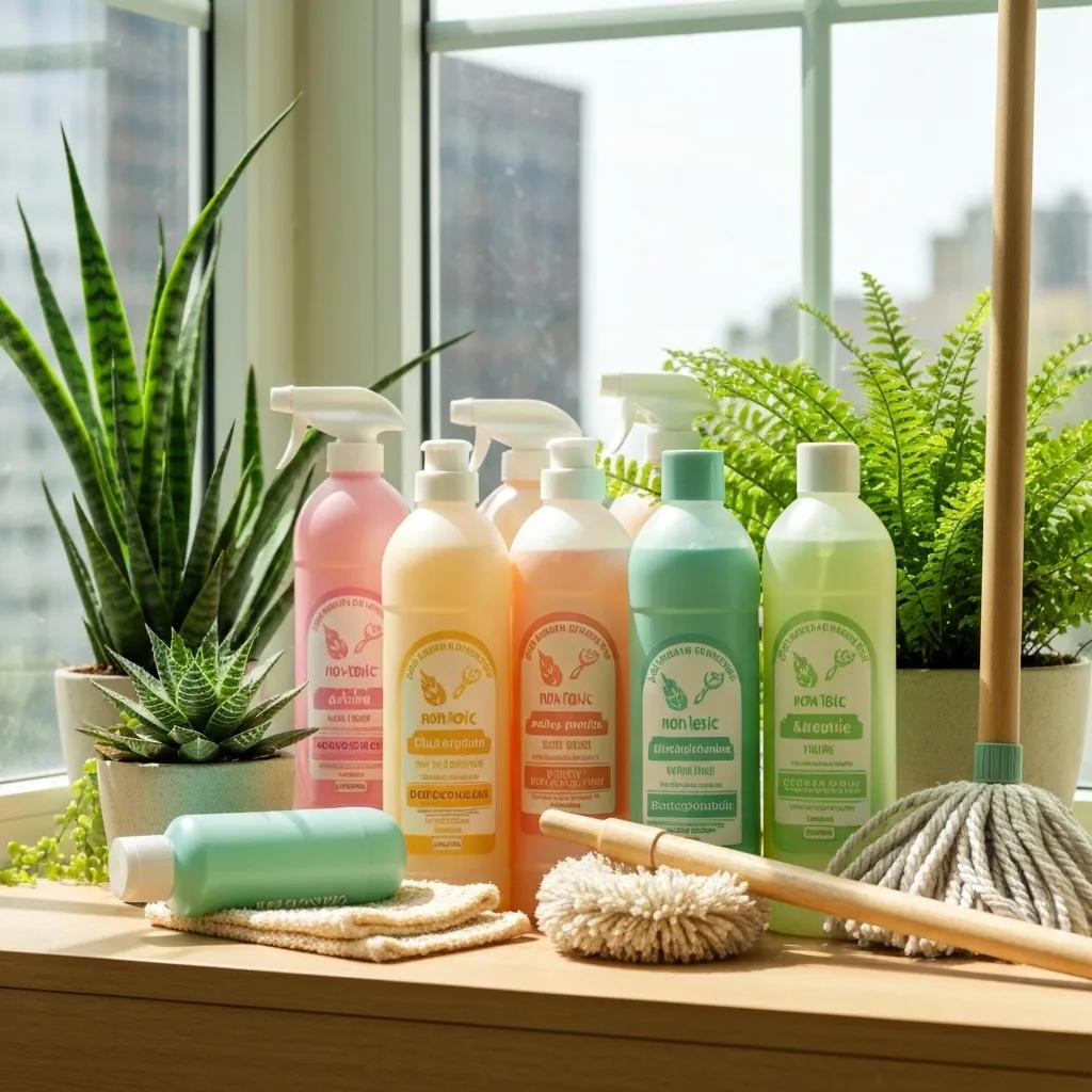 A collection of eco-friendly cleaning supplies for childcare centers, arranged with natural elements