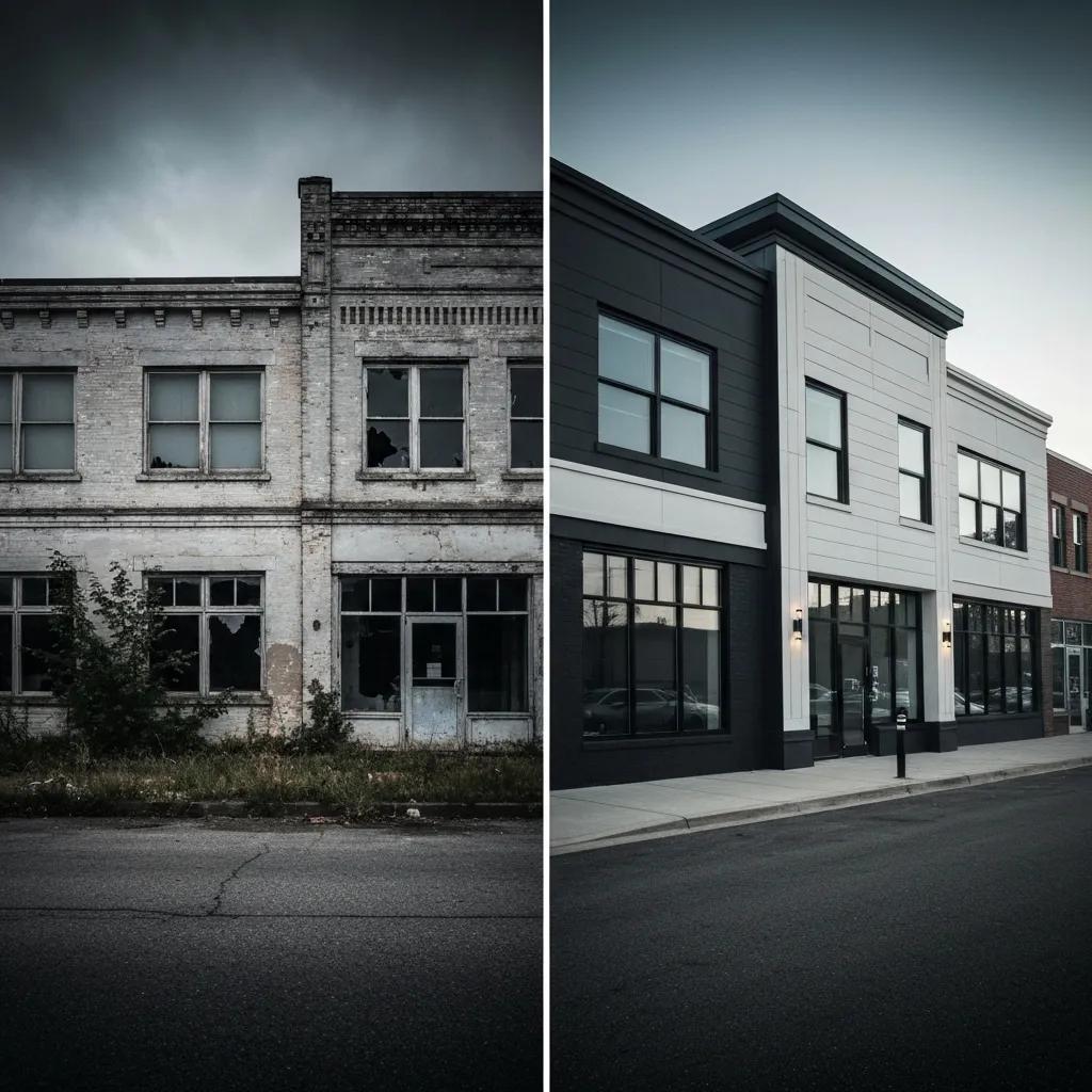 Before-and-after comparison of pressure washing impact on commercial property curb appeal