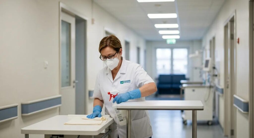 Professional cleaner diligently reviewing a medical cleaning checklist within a pristine, sterile environment, highlighting adherence to strict cleaning protocols