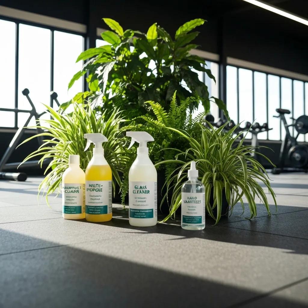 A clean and modern gym environment showcasing eco-friendly cleaning products, highlighting a commitment to sustainability