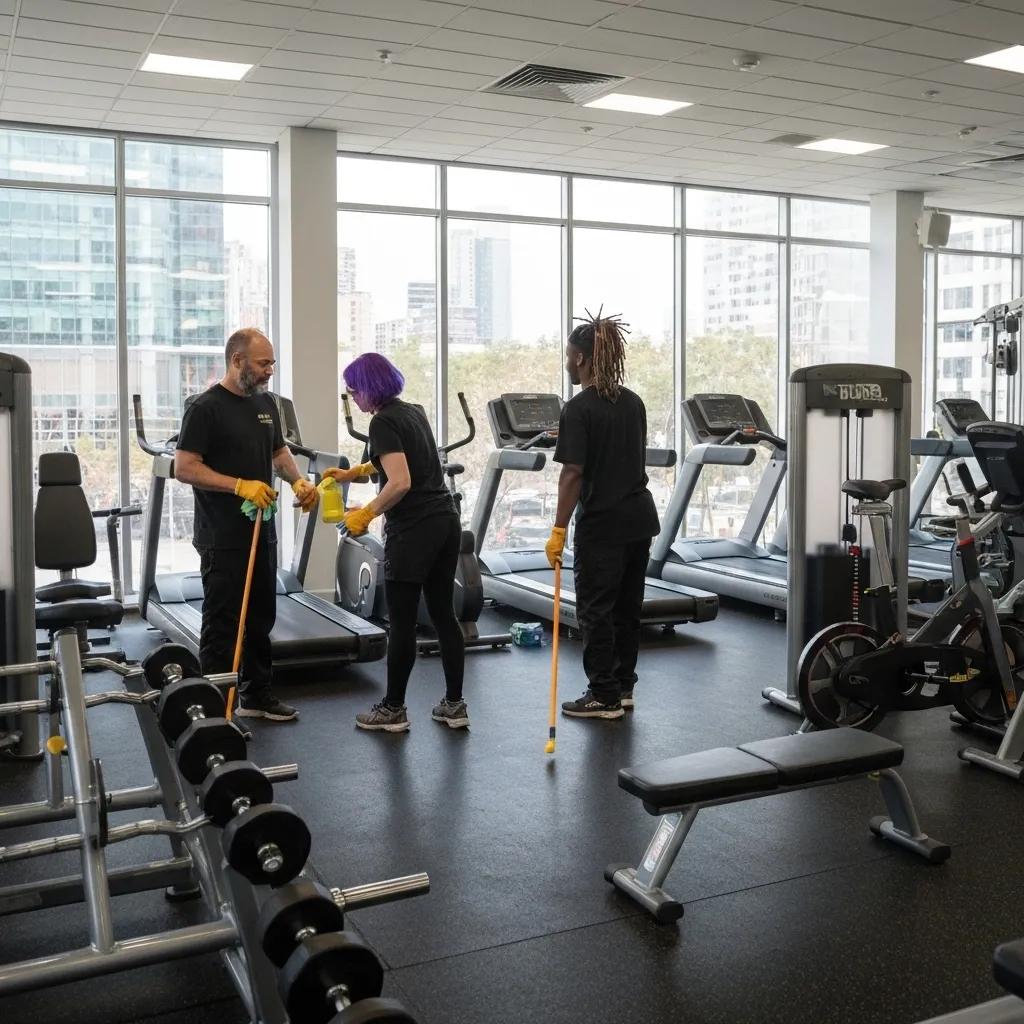 Professional gym cleaning team sanitizing fitness equipment in a modern gym