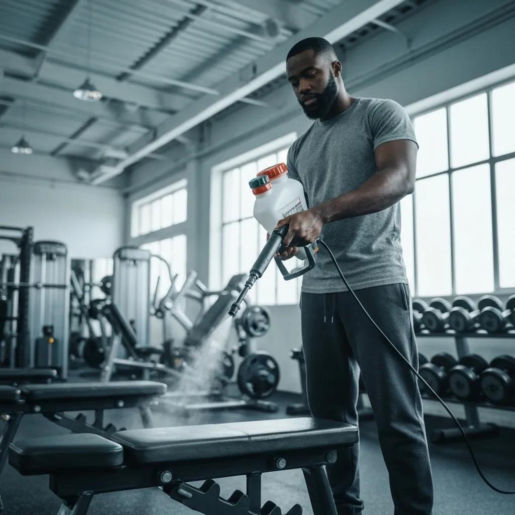 Skilled gym technician meticulously disinfecting fitness equipment using an advanced electrostatic sprayer for maximum member protection
