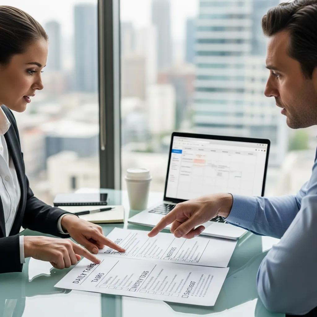Business manager discussing a customized cleaning plan with a cleaning service representative