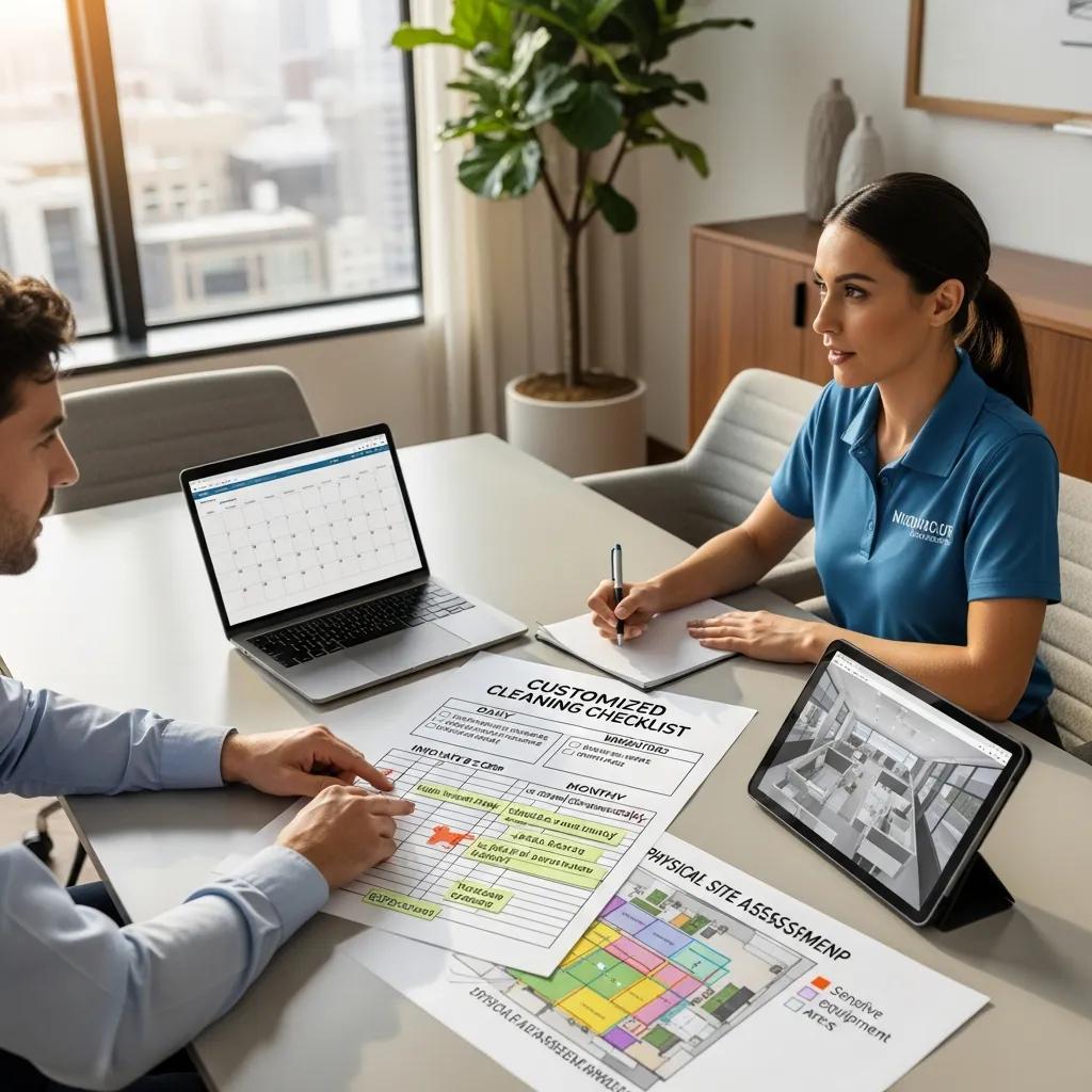 Owner and cleaner reviewing a customised cleaning plan in an office