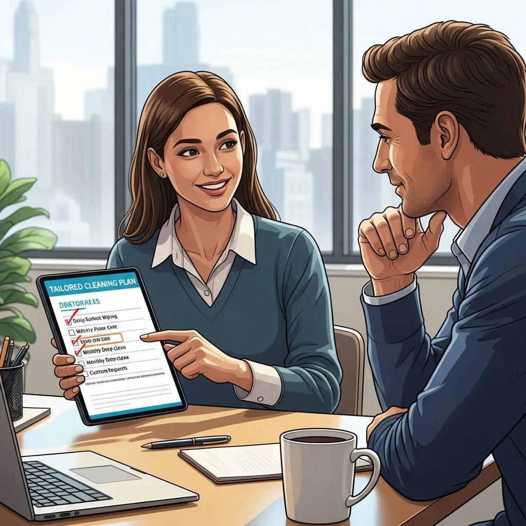 Business owner discussing tailored cleaning plans with a service representative