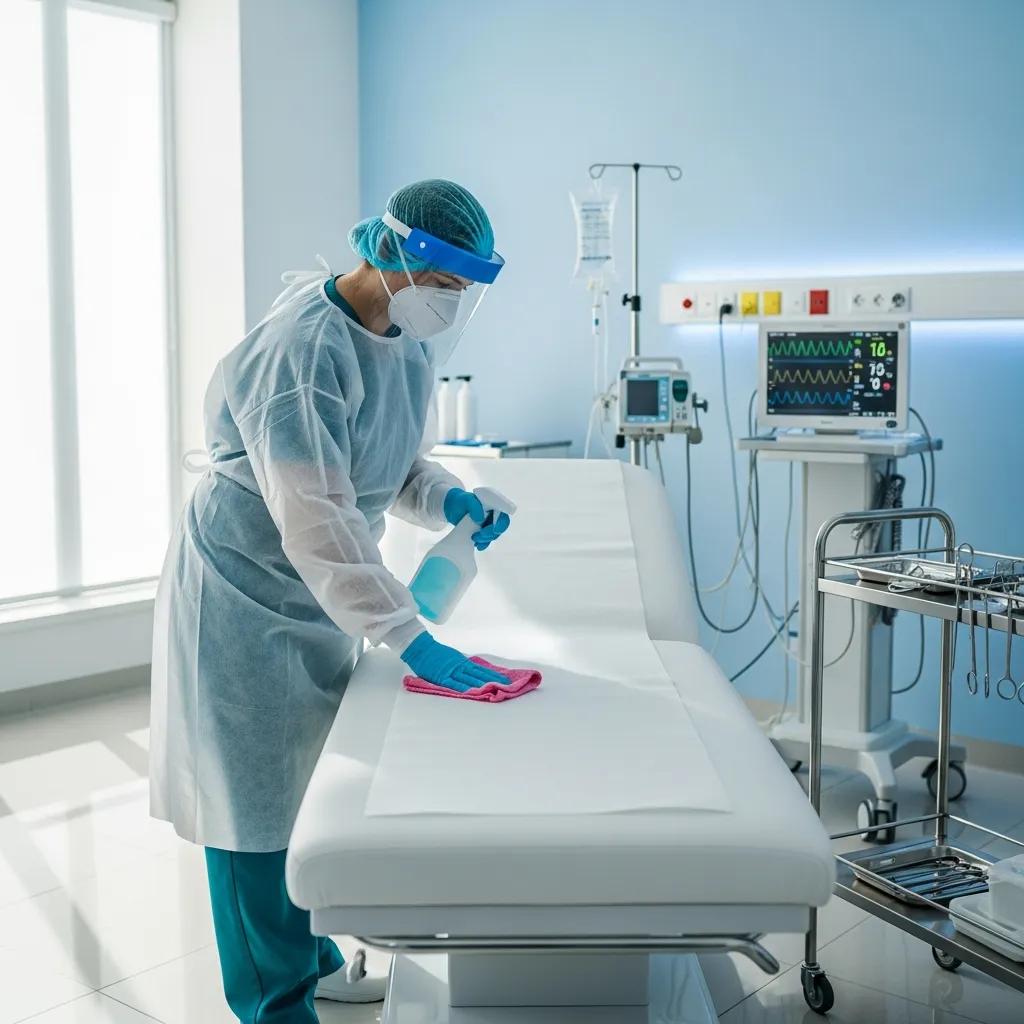 Clean medical center environment with a healthcare professional cleaning a high-touch surface