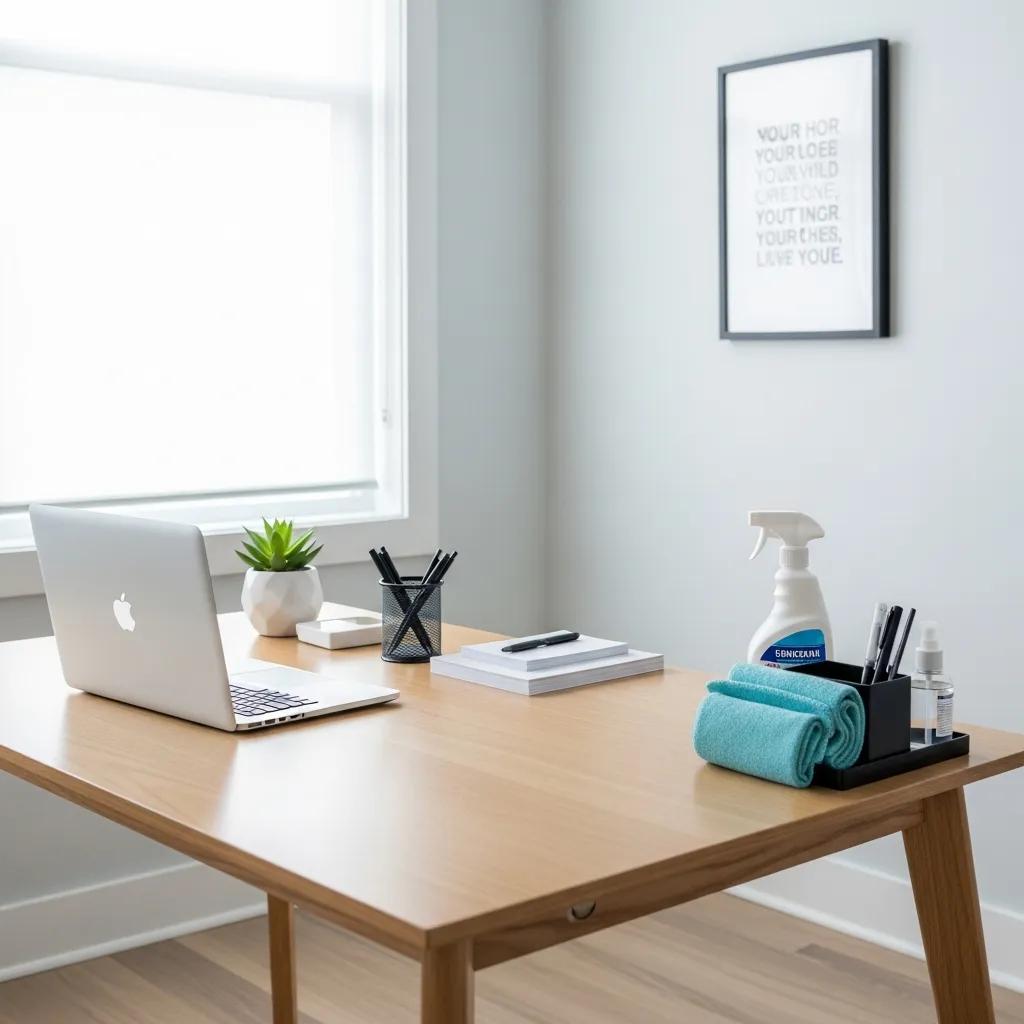 Clean office environment with organized desk and cleaning supplies, emphasizing hygiene and productivity