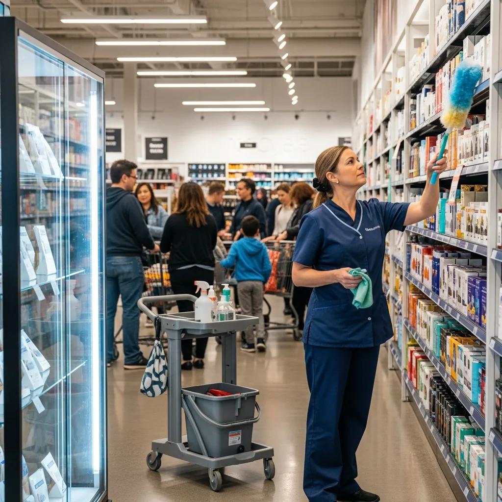 Cleaner attending to a retail space while customers browse