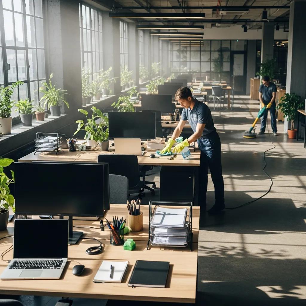 Cleaner sanitising desks in a bright, organised office