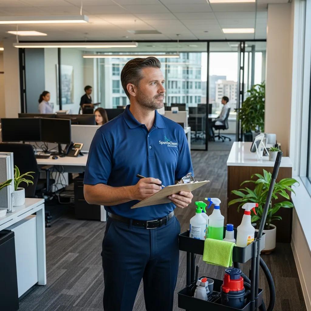 Cleaning professional conducting a site assessment in a commercial space