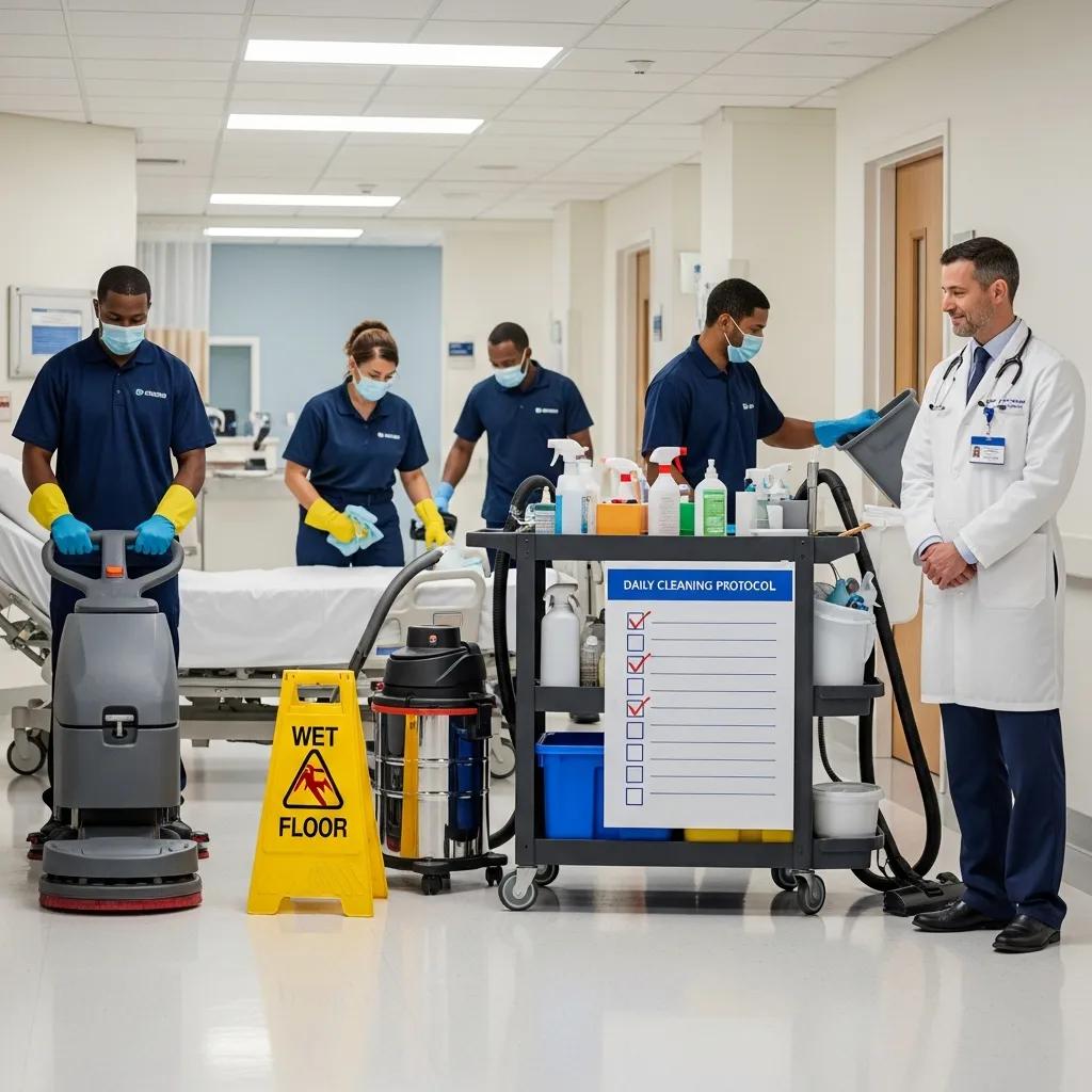 Cleaning team working in a medical facility, illustrating outsourcing benefits