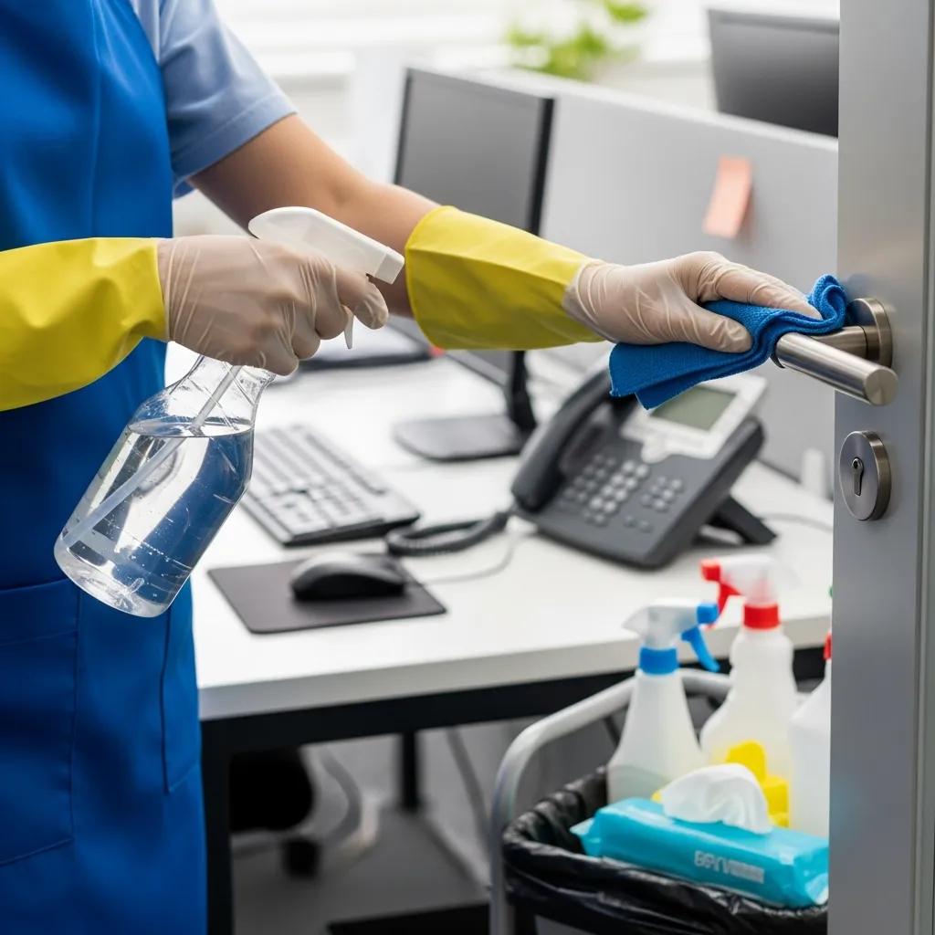 Cleaning staff disinfecting high-touch surfaces in an office, highlighting daily hygiene tasks