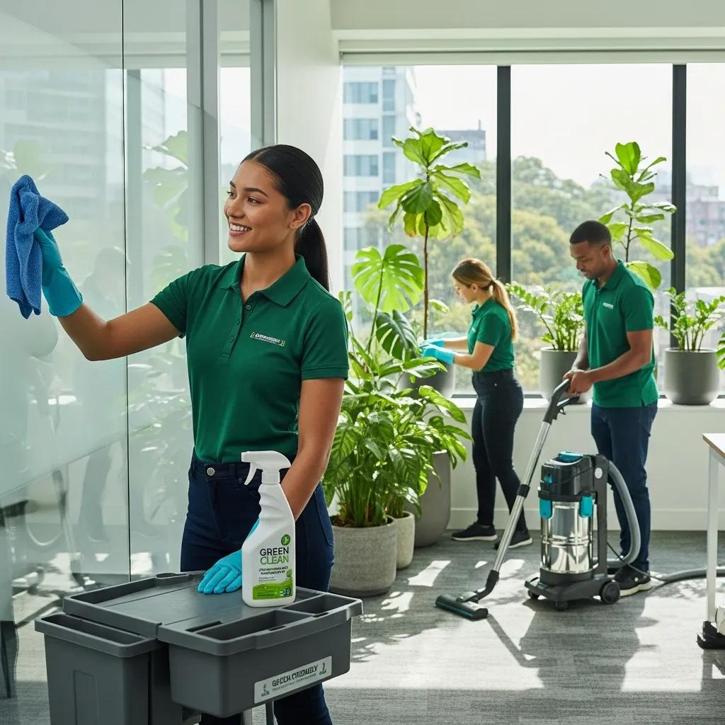 Cleaning staff using eco-friendly products and equipment in a commercial space