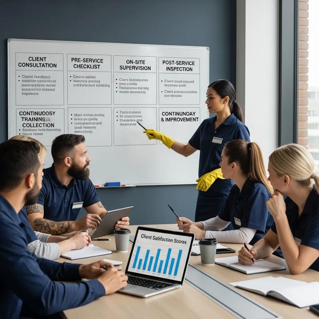 Cleaning team reviewing quality control process in a meeting