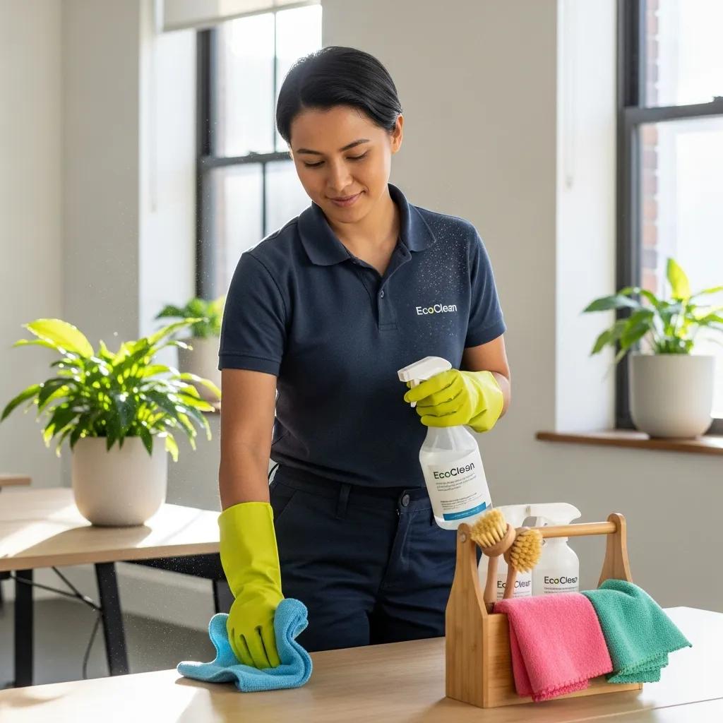 Eco-friendly cleaning products and practices in a modern office setting