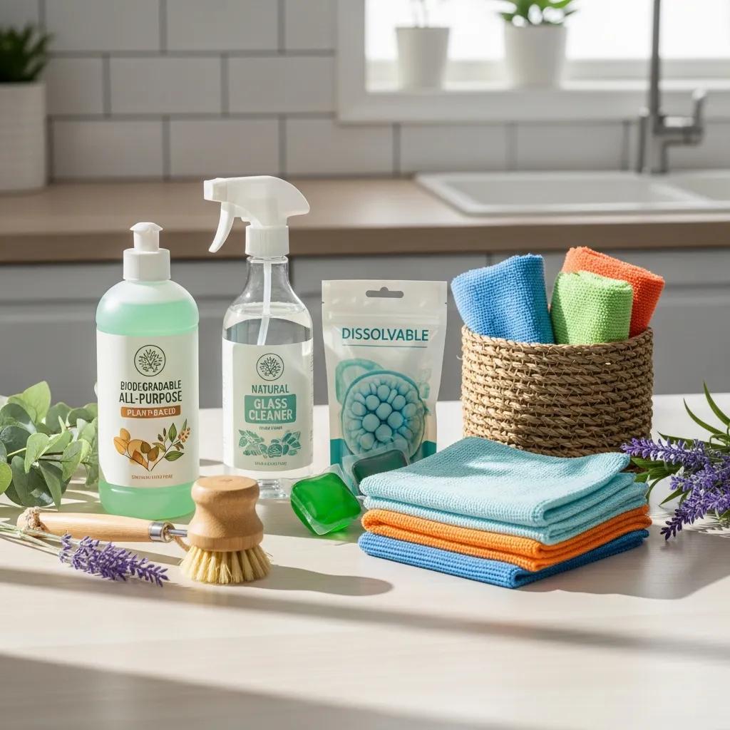 Eco-friendly cleaning products and tools arranged in a clean workspace