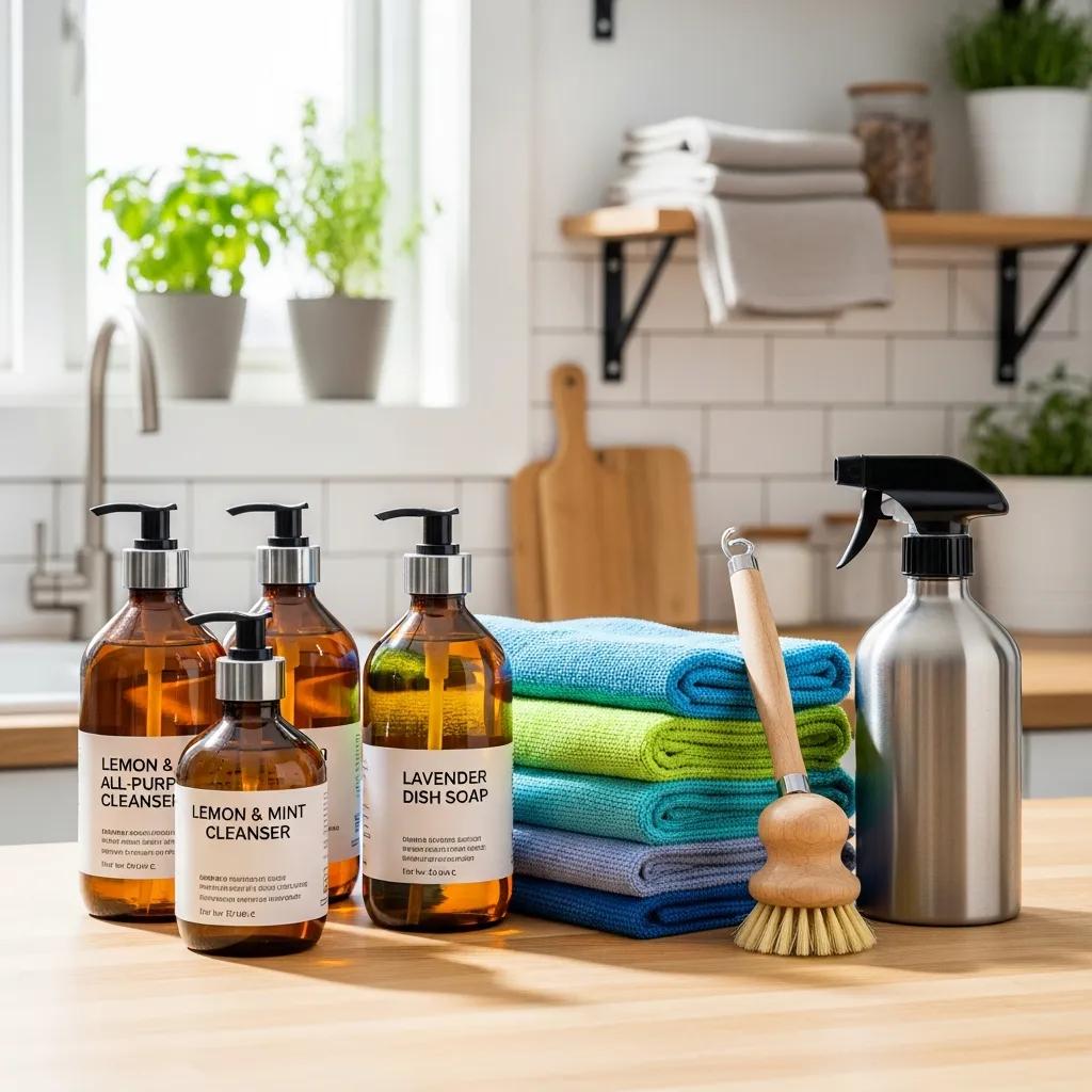 Eco-friendly cleaning products and microfibre tools supporting sustainable cleaning in an office