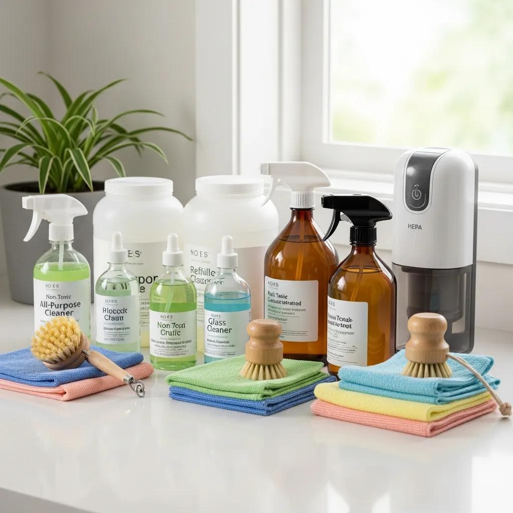 Eco-friendly cleaning products arranged on a countertop, emphasizing sustainability and health
