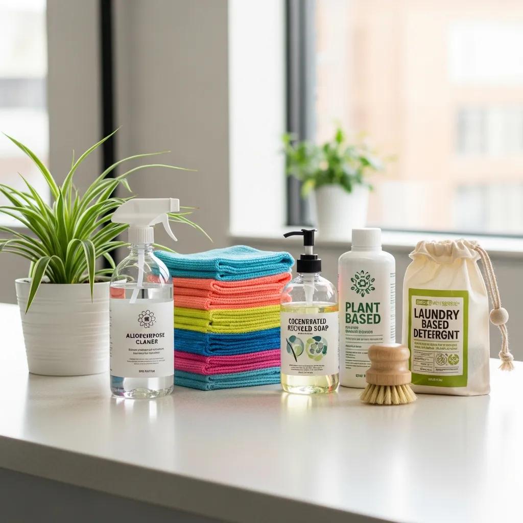 Selection of eco-friendly cleaning bottles and microfiber cloths to promote healthier indoor air and sustainability