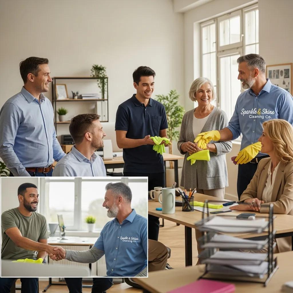 Family-owned cleaning business team interacting with clients in a clean office