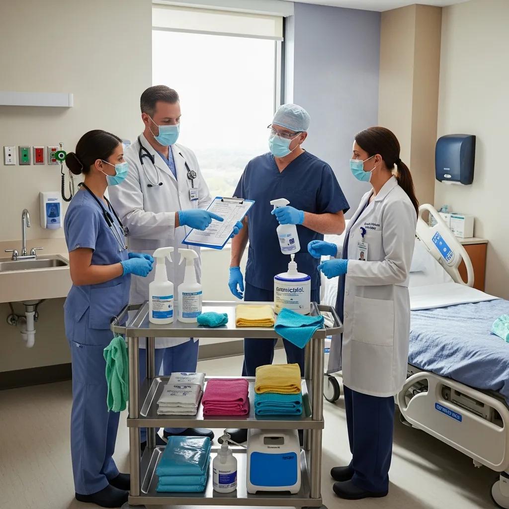 Healthcare team coordinating infection control measures in a clinical setting