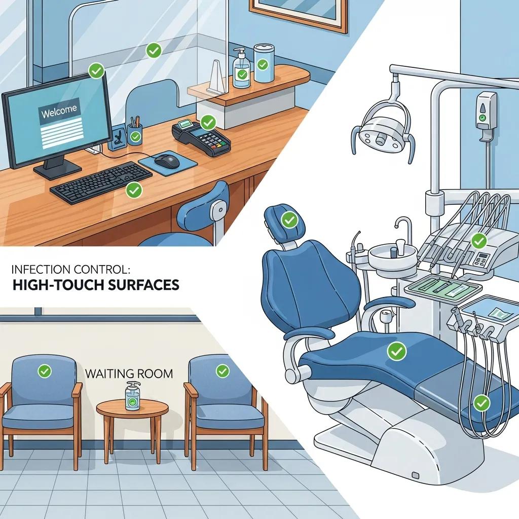 High-touch surfaces in a healthcare setting emphasizing infection control risks