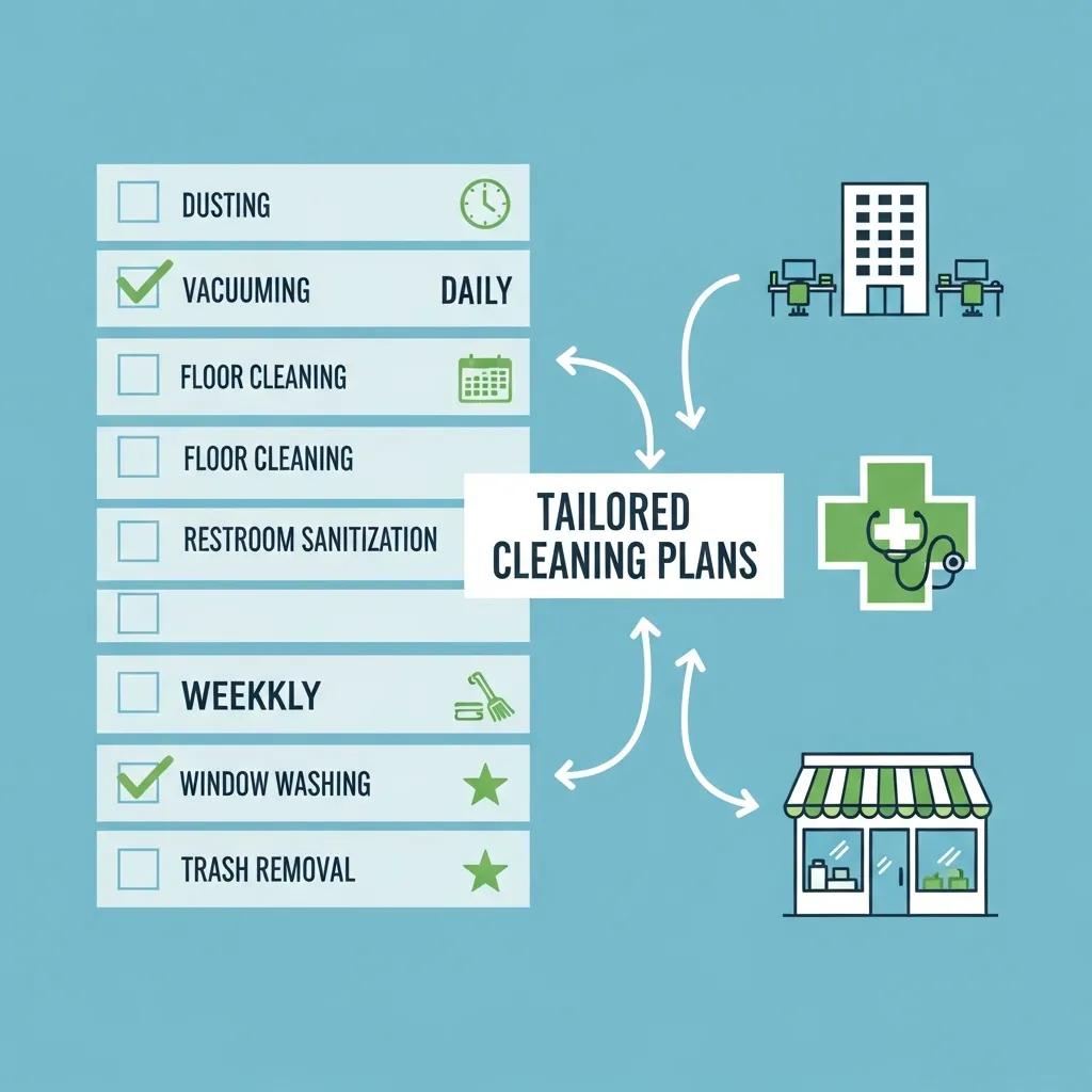 Illustration of tailored cleaning plans with checklists for various commercial spaces