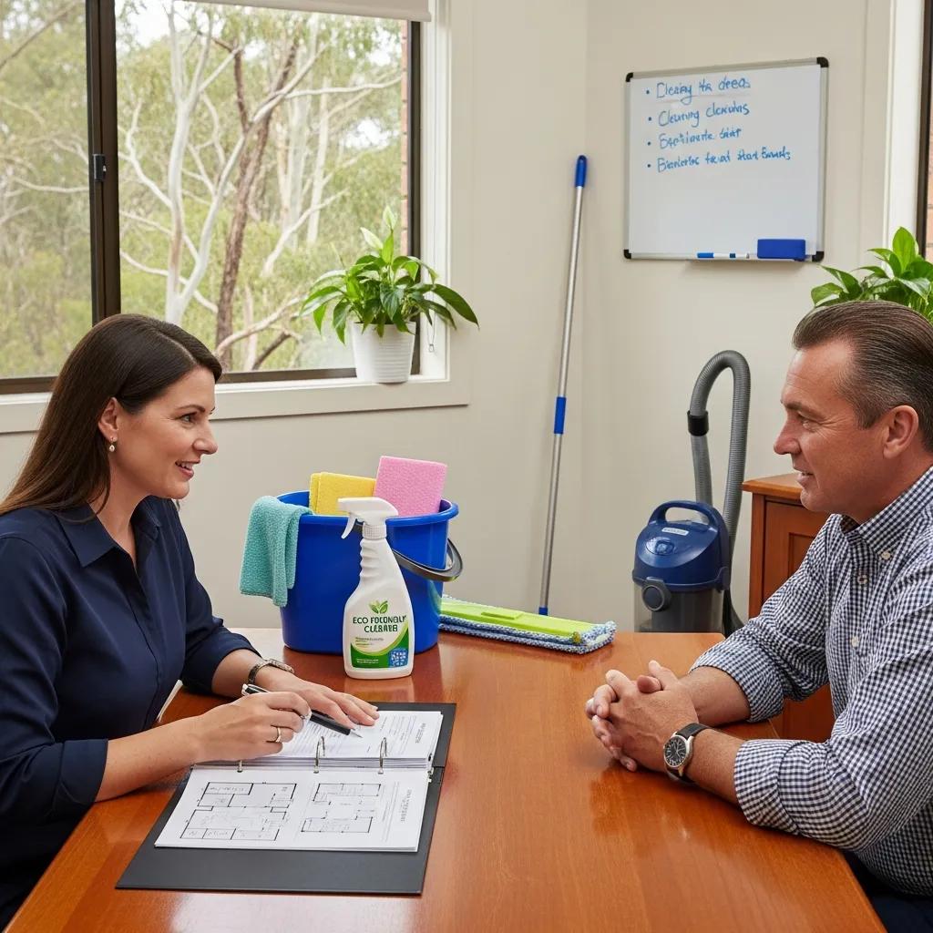 Local cleaning expert consulting with a business owner in Booroobin, emphasizing tailored cleaning solutions