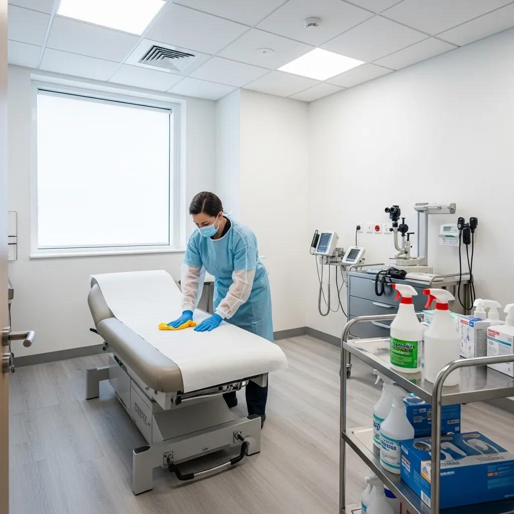 Medical office environment emphasizing infection control with a healthcare professional cleaning