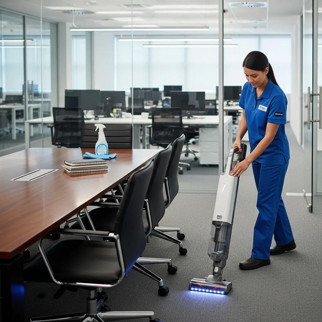 Uniformed cleaner using professional equipment to maintain office hygiene with minimal disruption