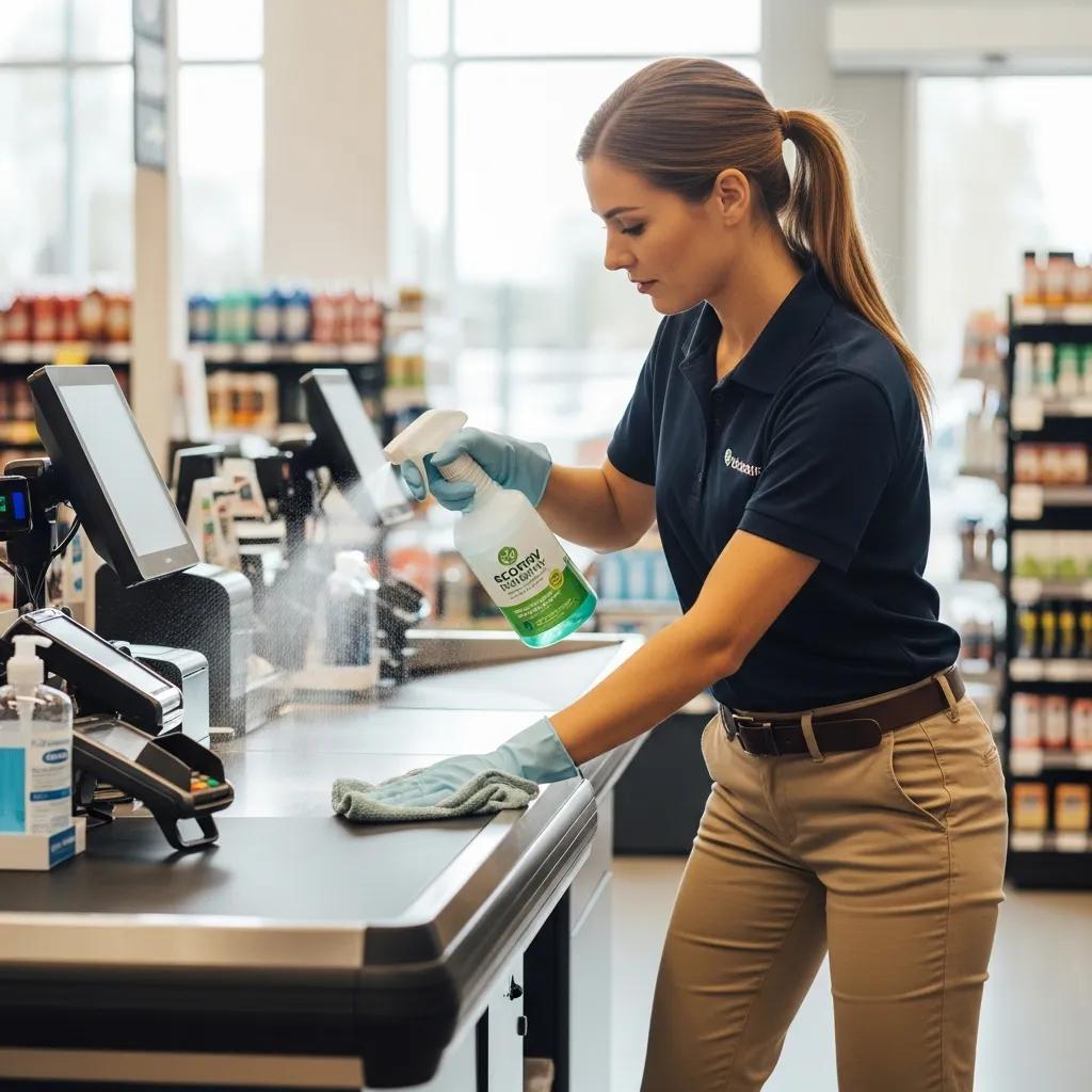 Cleaner sanitising frequently touched surfaces inside a Birtinya retail shop