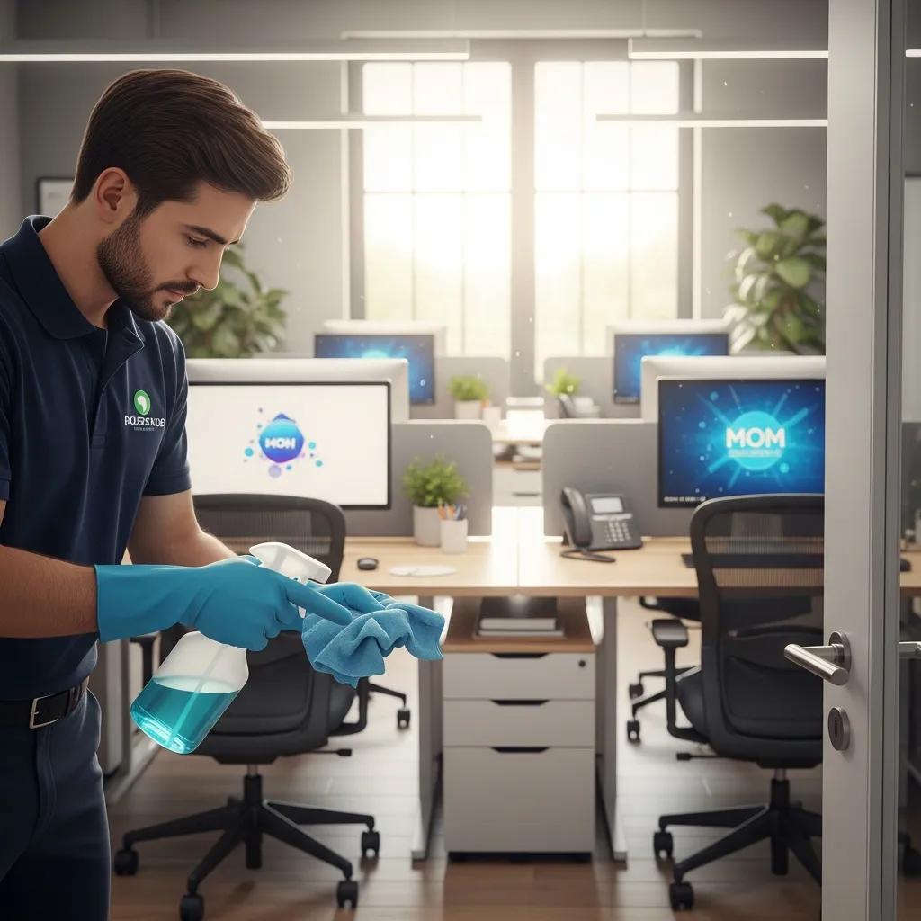 Cleaner sanitising high-touch surfaces in an office to improve hygiene and safety