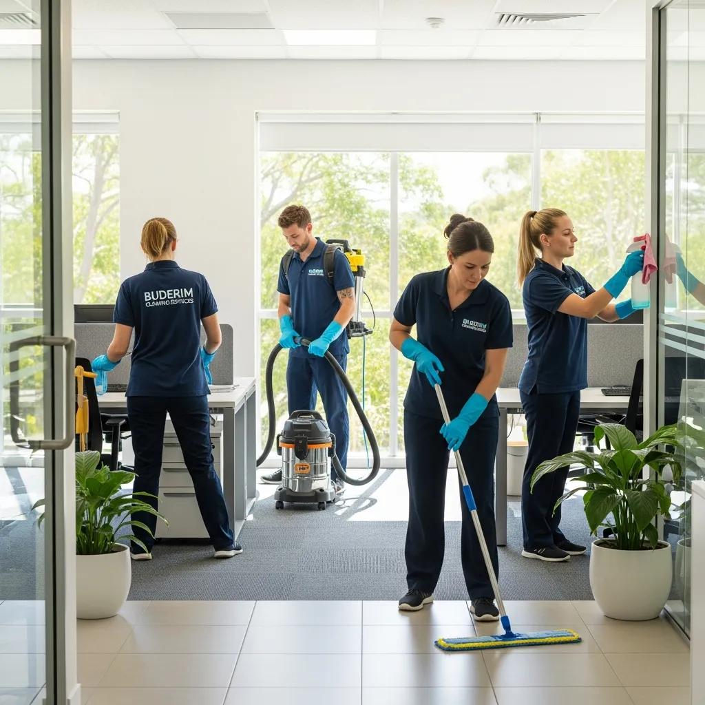Professional cleaners maintaining a hygienic office environment in Buderim