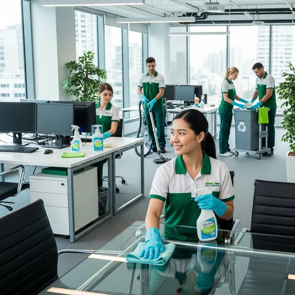 Professional cleaners providing commercial cleaning services in a modern office setting