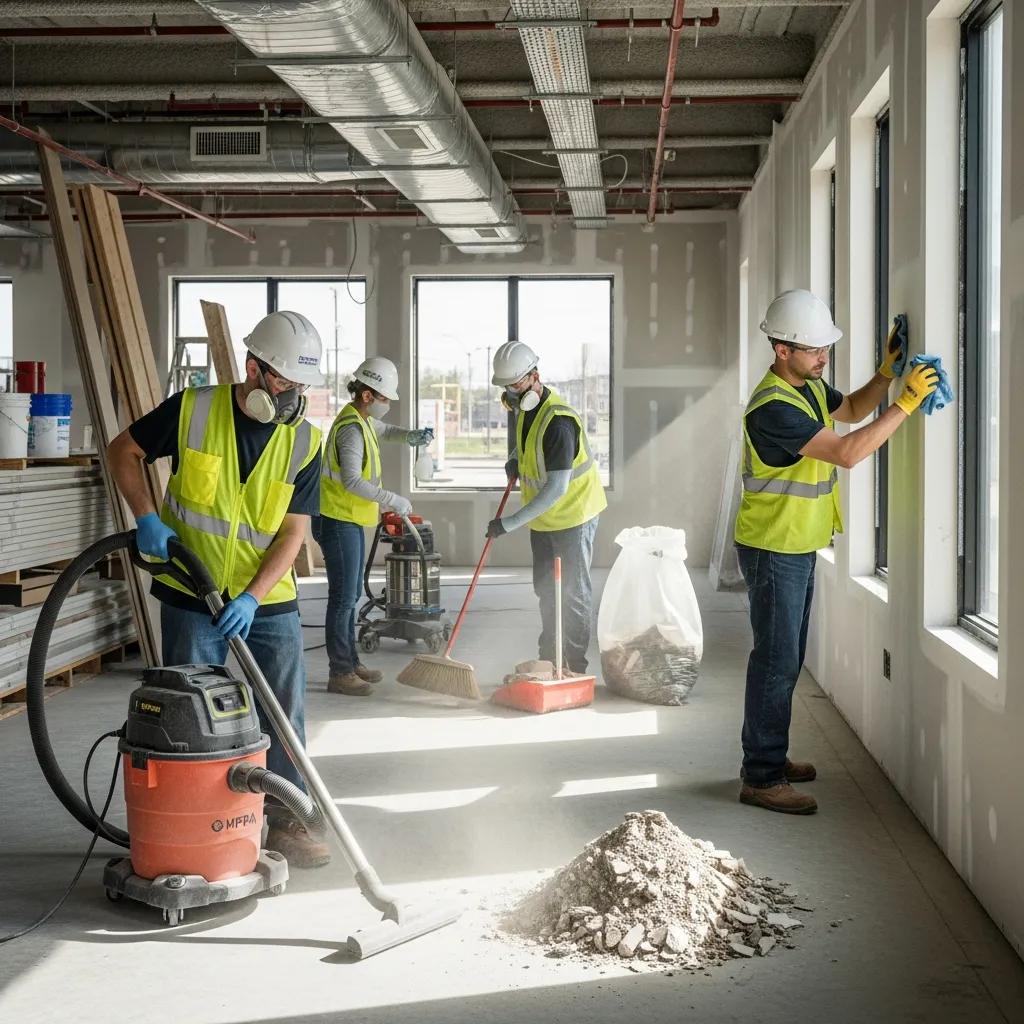 Professional cleaning crew performing post-construction cleaning at a commercial site, highlighting safety and efficiency