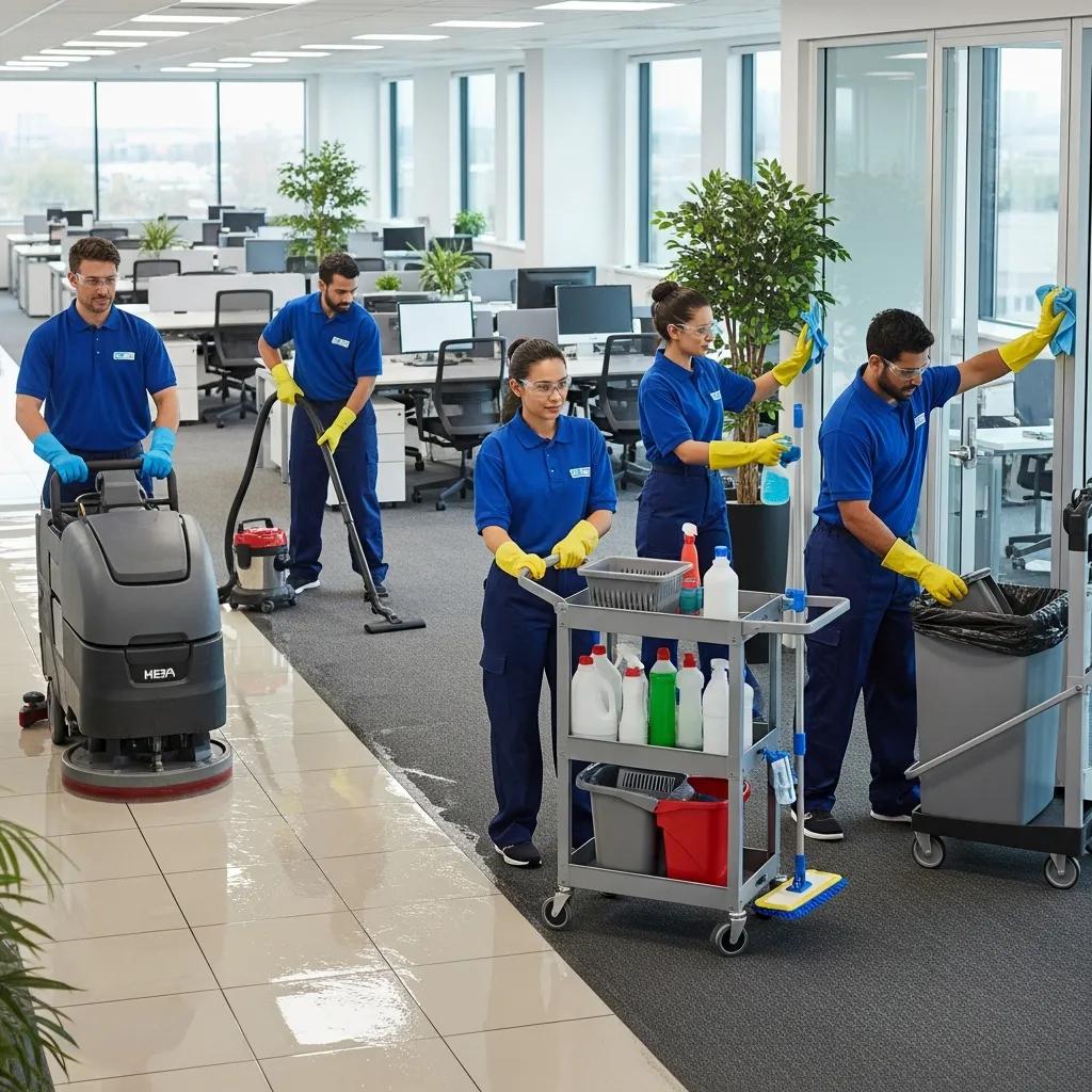 Professional cleaning team demonstrating reliability in a commercial office setting